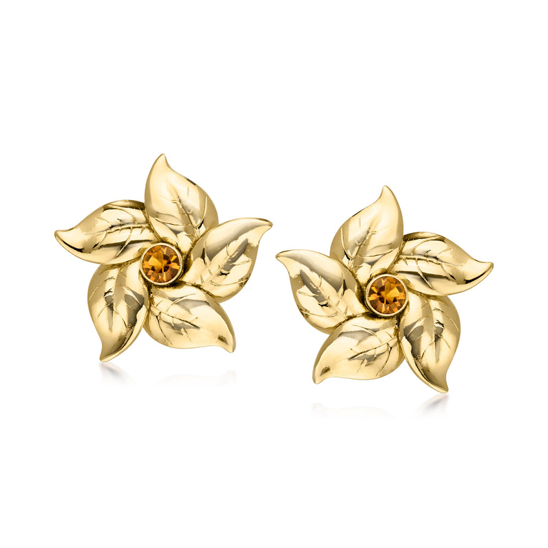 Gold flower clip earrings with citrine center and leaf details