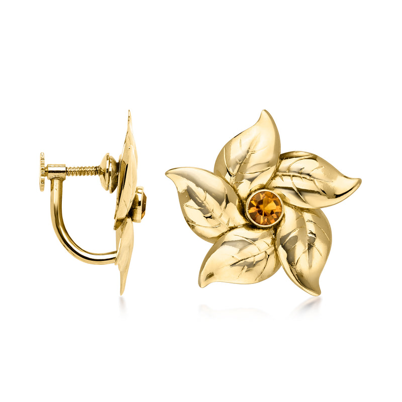 14kt gold flower clip earrings, citrine gem center, hinged clasp view