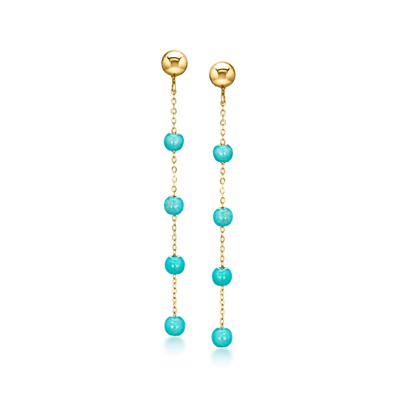 Turquoise bead drop earrings in 10kt yellow gold with three teal bead clusters