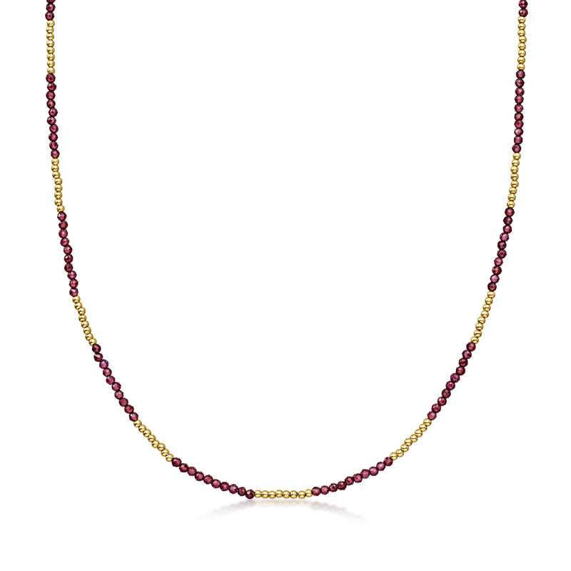 Garnet bead necklace with 10kt yellow gold beads, round red gemstone stations