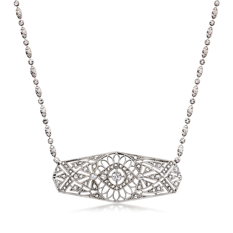 Diamond filigree necklace with oval pendant, beaded chain in white gold and platinum