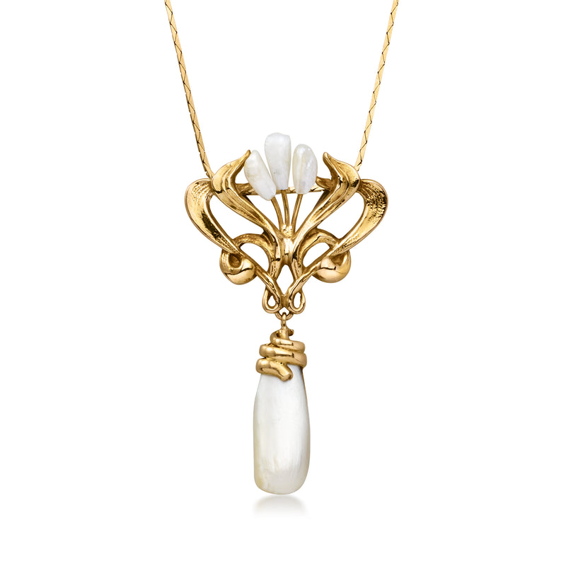 14kt yellow gold baroque pearl pendant necklace with ornate filigree and drop pearl
