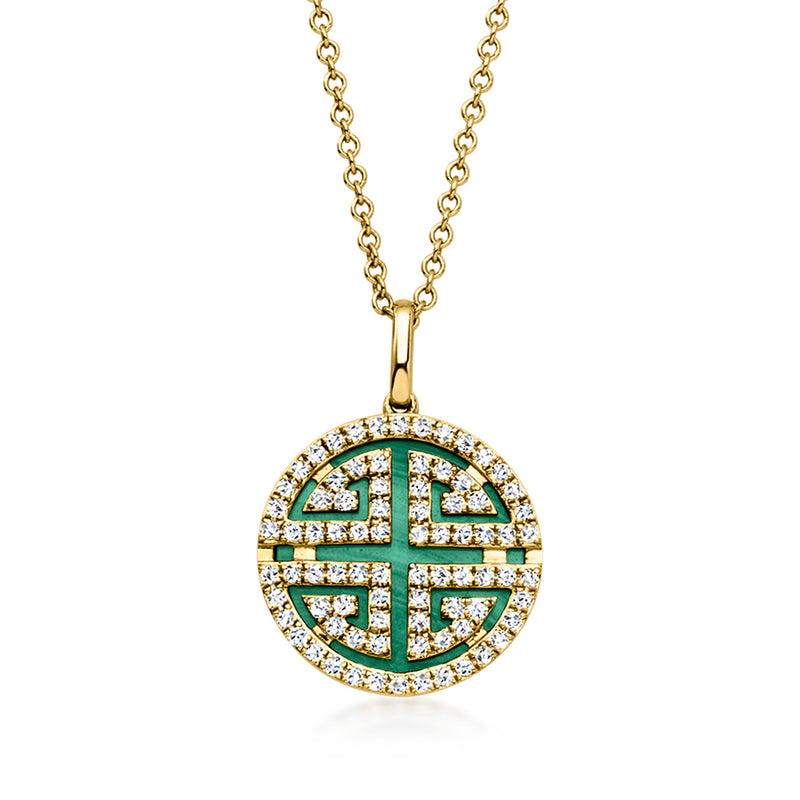 14kt yellow gold pendant necklace with round green malachite inlay and diamond accents