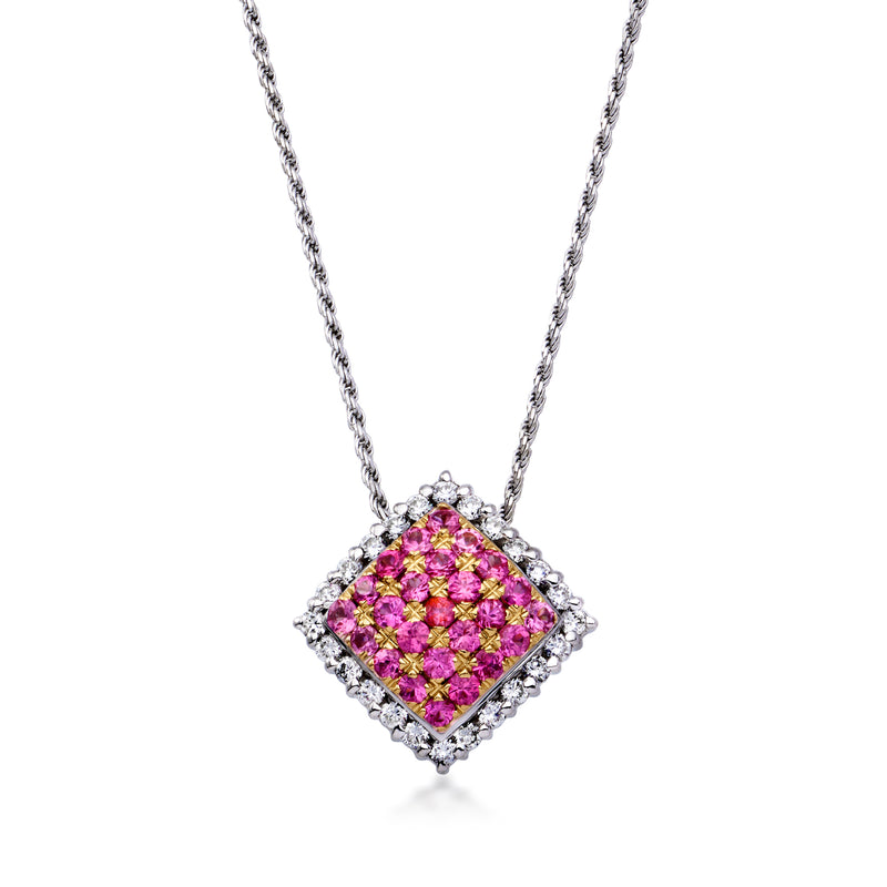 Square pendant necklace with pink sapphire cluster and white diamond border on chain