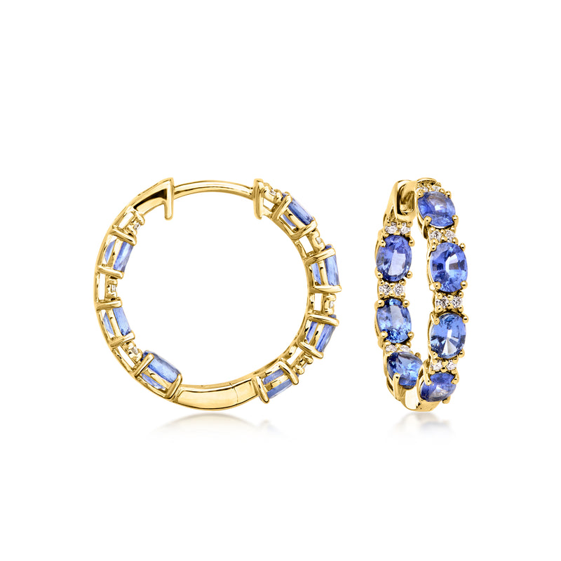 14kt yellow gold hoop earrings with blue sapphires and small diamond accents