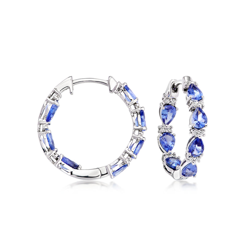14kt white gold hoop earrings with blue sapphires and diamond accents, inside-out style