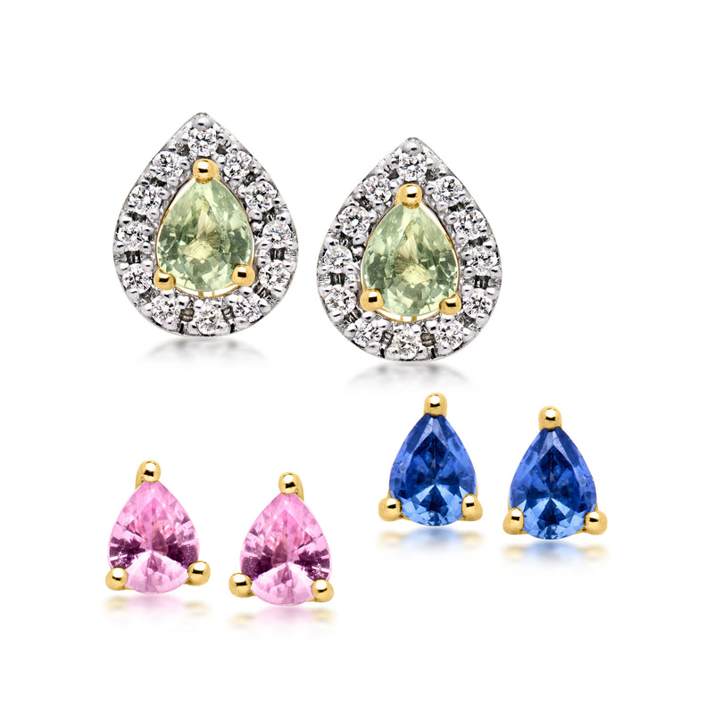 Interchangeable pear stud earrings set in yellow gold with diamond halos: green, pink, blue