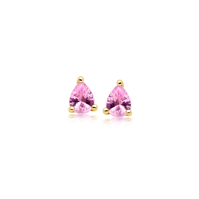 Pink pear stud earrings in yellow gold with diamond halo accents and post backs
