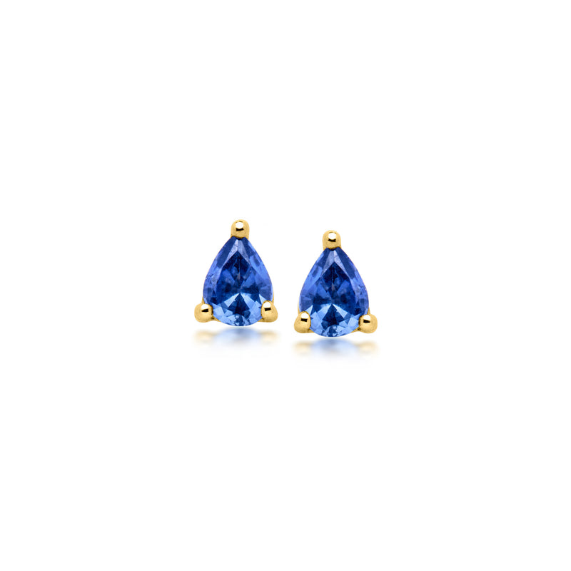 Blue pear stud earrings in yellow gold with diamond halo accents and post backs