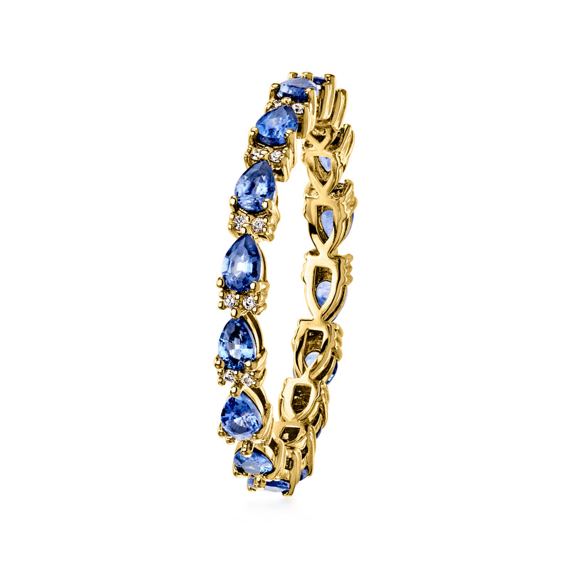 14kt yellow gold sapphire eternity band with diamond accents, side view
