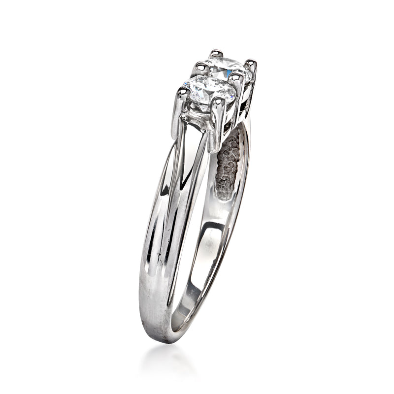 14kt white gold diamond toi et moi ring, side view of raised round stones