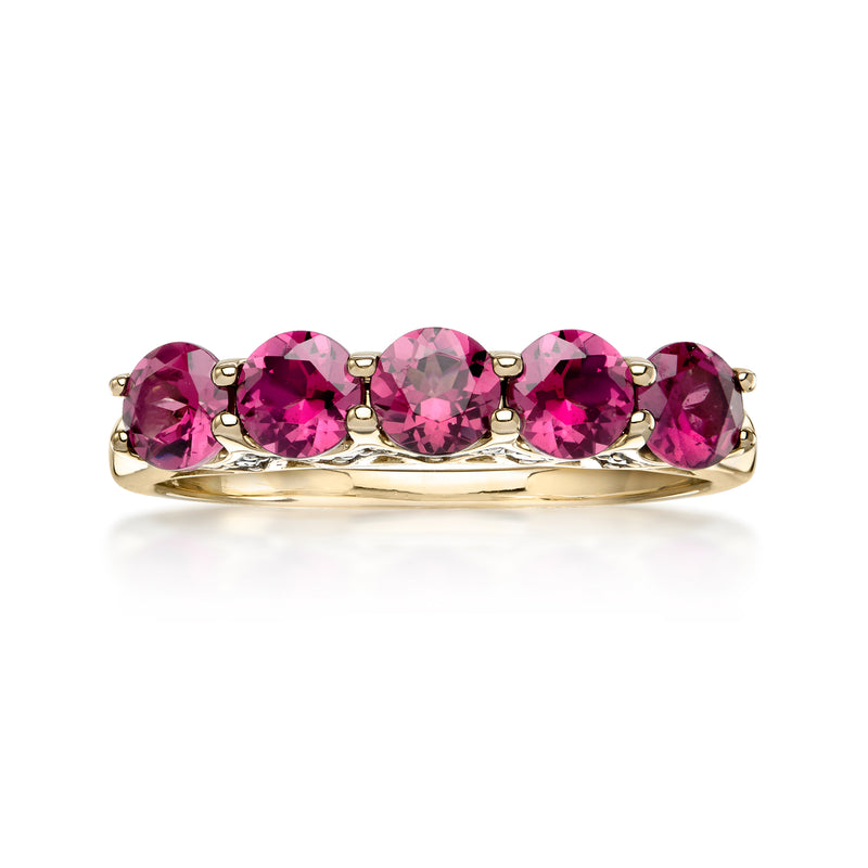 10kt yellow gold ring with five pink rhodolite gemstones and diamond accents