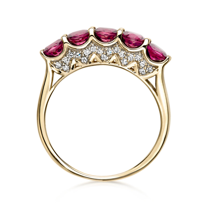 Front view of 10kt yellow gold ring with pink rhodolite stones and sparkling diamonds