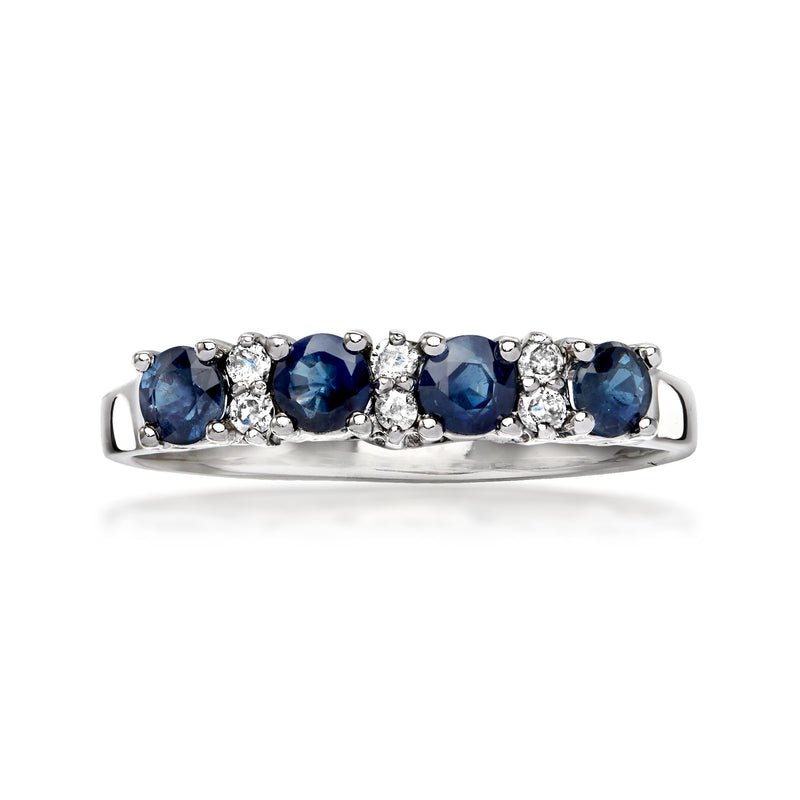 14kt white gold sapphire and diamond band ring with oval blue stones