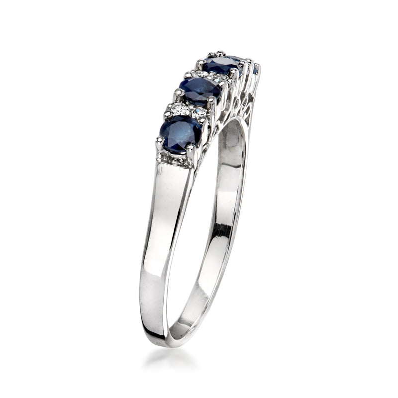 14kt white gold ring with five blue sapphire stones and diamond accents