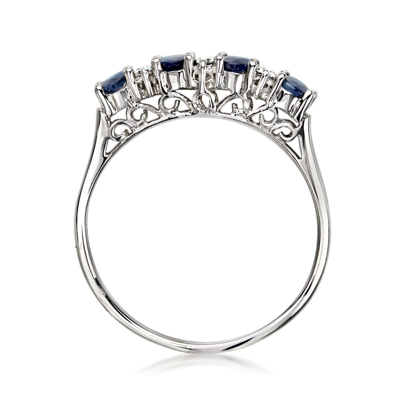 14kt white gold halo sapphire ring with round blue stones and diamond accents