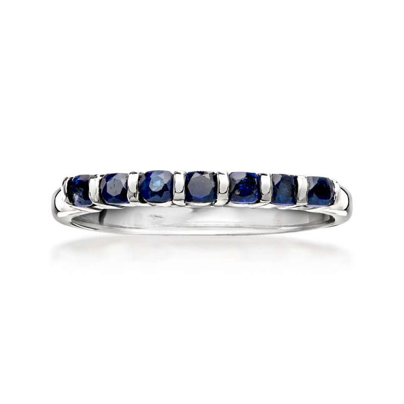Vintage sapphire ring in white gold with five blue gemstones across the band