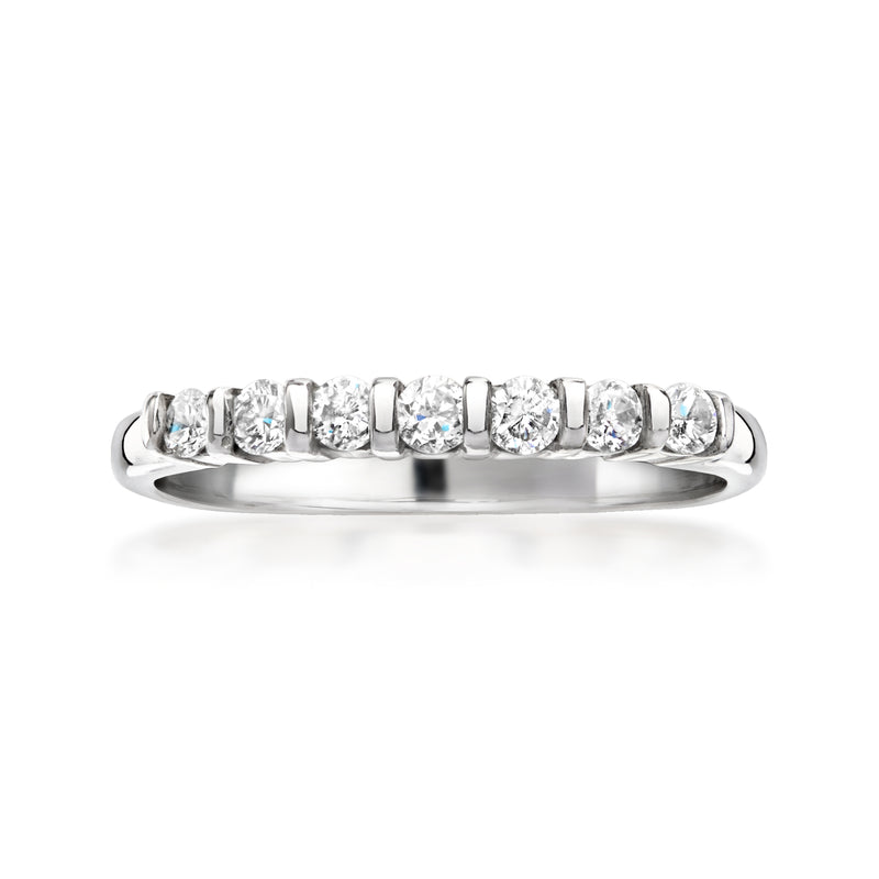 14kt white gold diamond band ring with a row of round stones across the top
