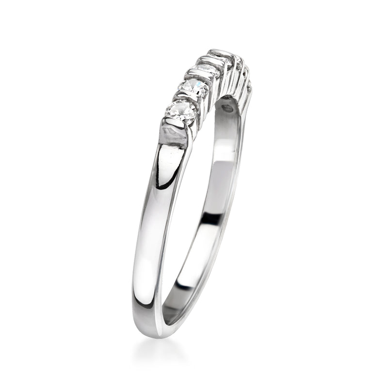 14kt white gold diamond ring, side view with prong-set round stones on the top