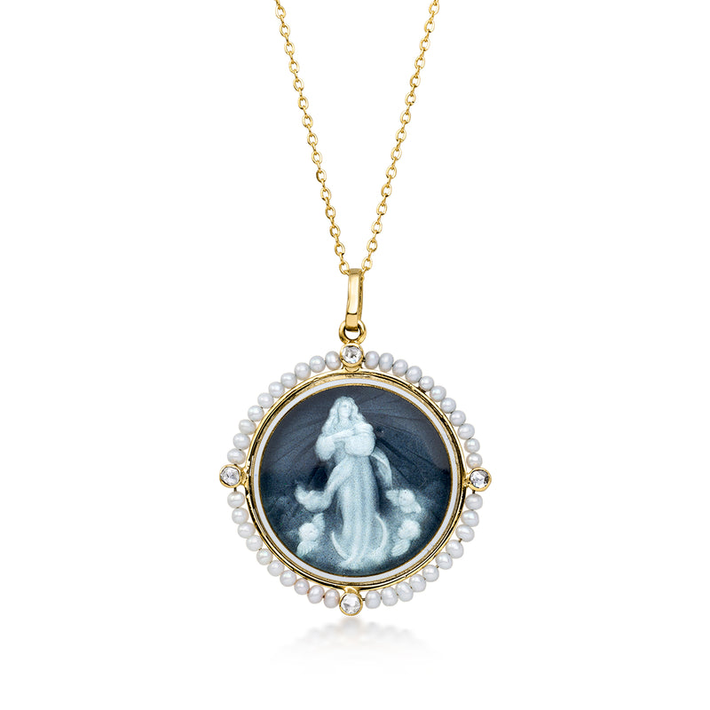 Round Mother Mary pendant necklace in yellow gold with pearl border and blue enamel image