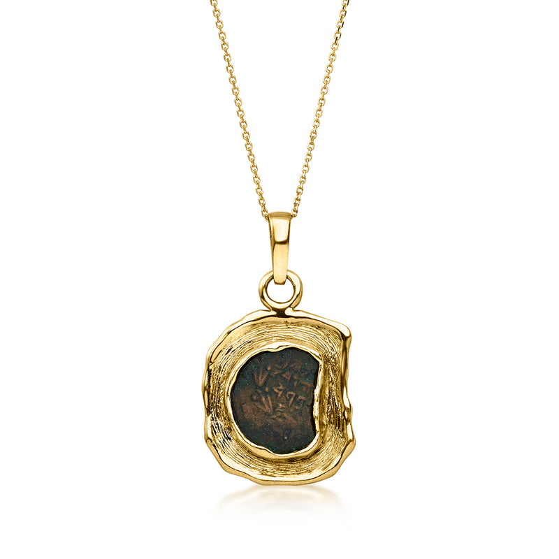 14kt yellow gold coin pendant necklace with round blue-green coin in textured bezel