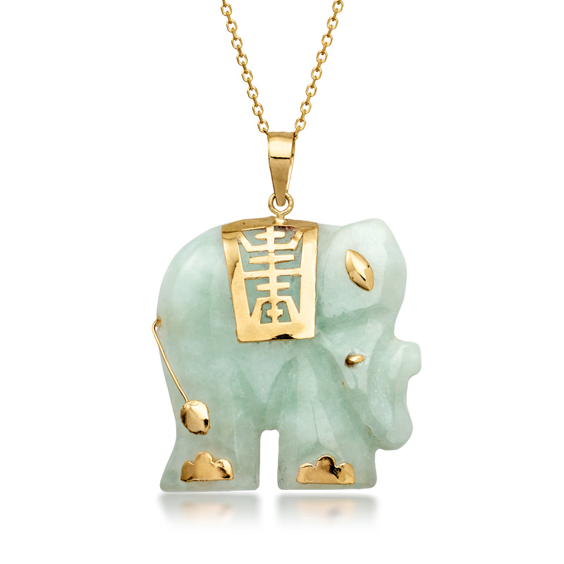 Jade elephant pendant necklace with 14k yellow gold chain and detailed elephant charm