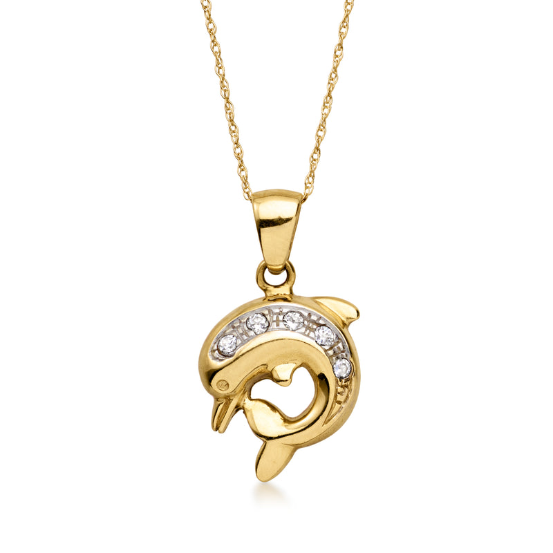 14kt yellow gold dolphin pendant necklace with CZ accents, round bail and chain