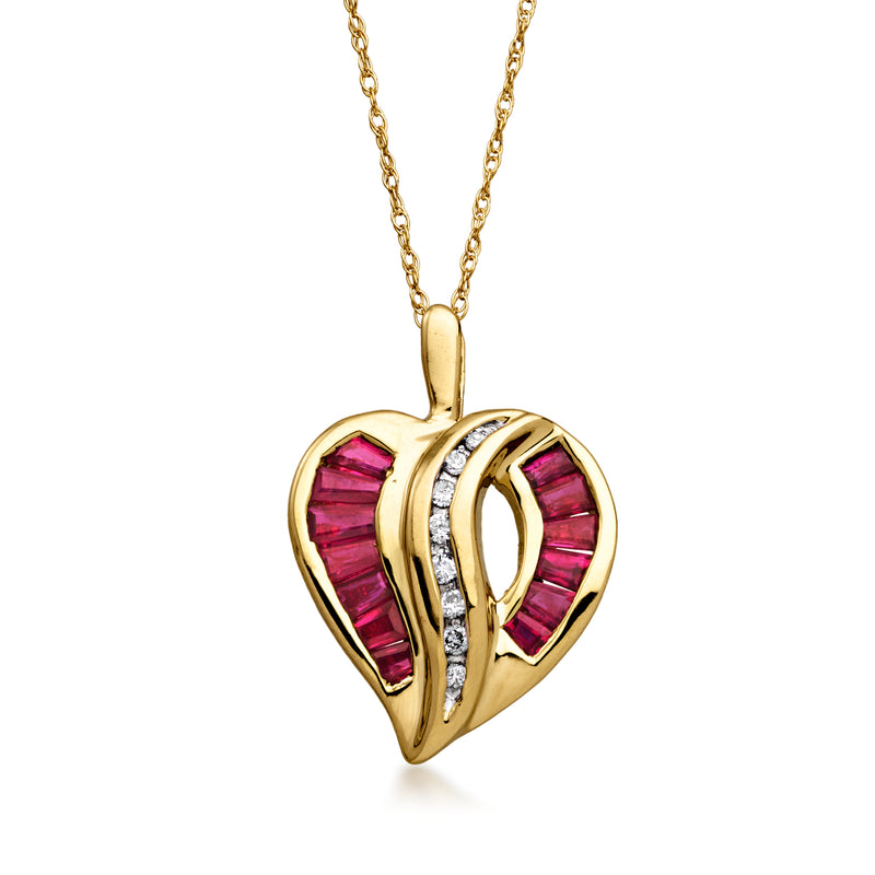 Yellow gold heart pendant necklace with ruby and diamond inlays