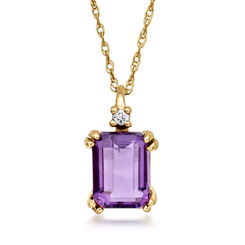 14kt yellow gold amethyst pendant necklace with single diamond and purple gemstone center