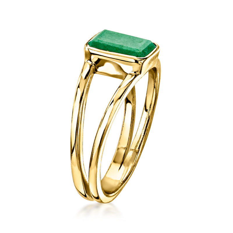 Gold-tone ring with rectangular emerald-green gemstone, side view of slim triple band