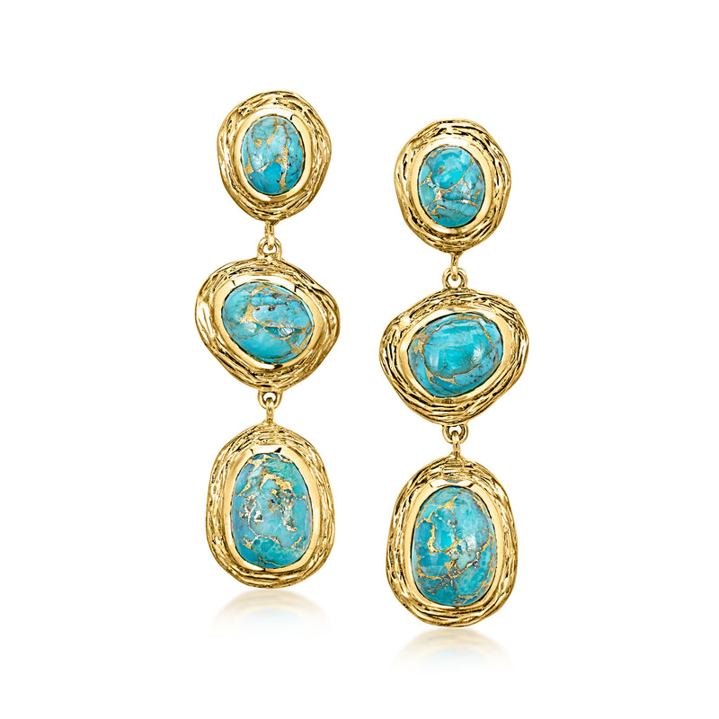 Gold-plated drop earrings with three oval turquoise cabochons in gold bezels