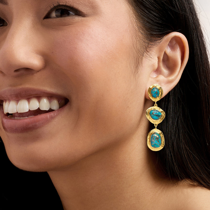 Gold-plated turquoise drop earrings with three stacked oval cabochons on ear