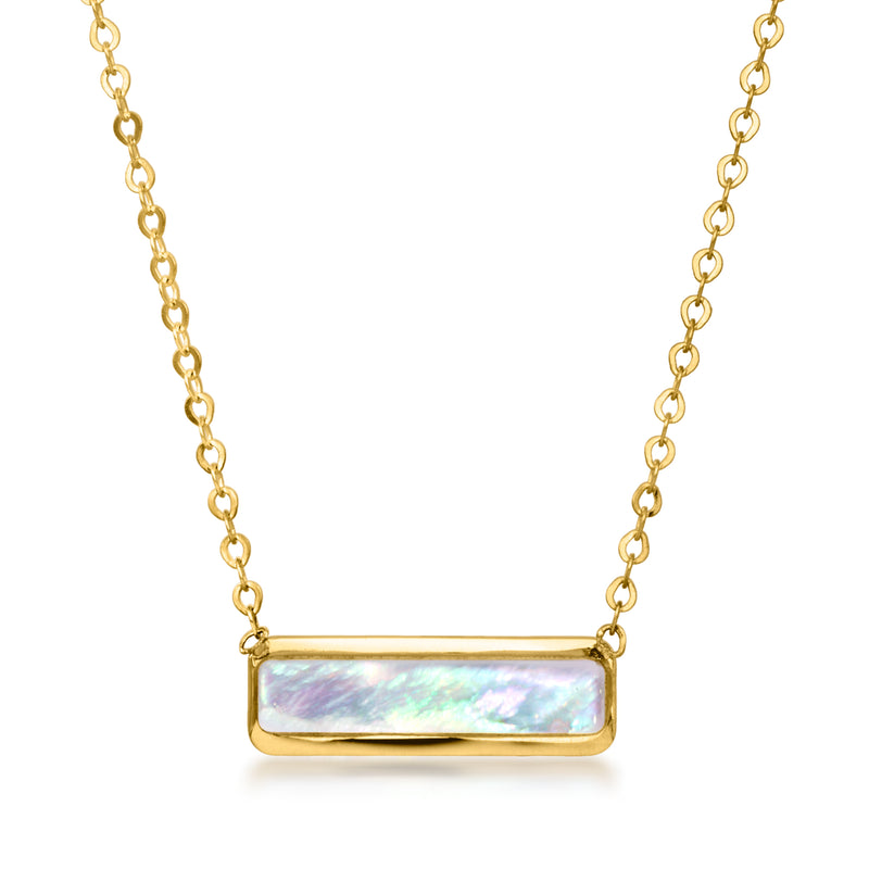 10kt yellow gold bar necklace with iridescent mother-of-pearl pendant