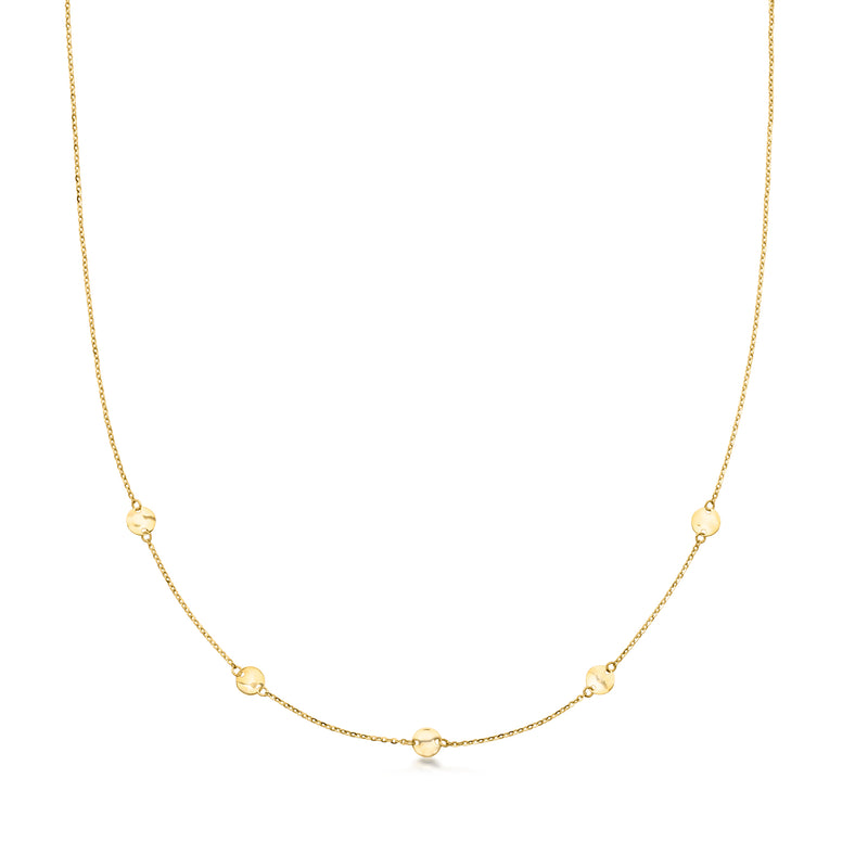 10kt yellow gold hammered disc station necklace with fine chain and small discs