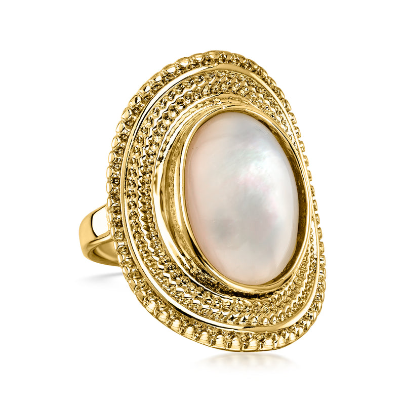 Gold-plated oval mother-of-pearl ring with layered beaded halo setting