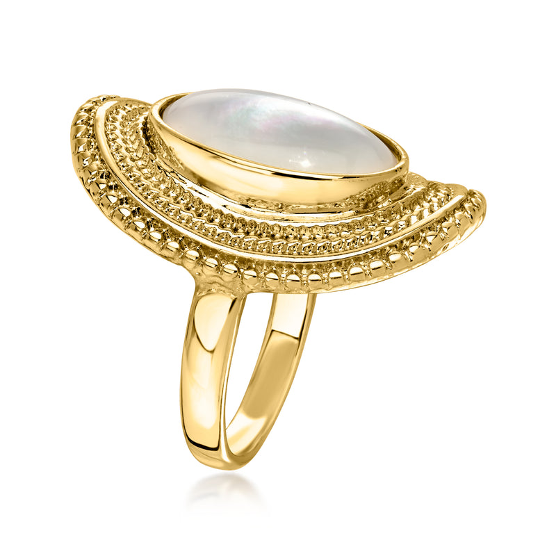 Gold-plated oval mother-of-pearl statement ring with slim band and side profile