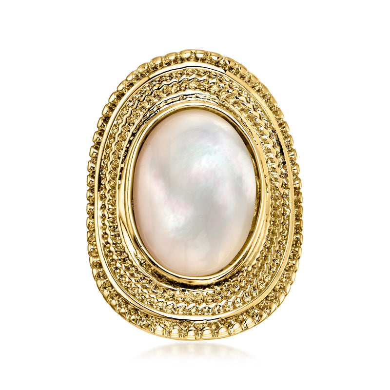 Gold-plated oval mother-of-pearl ring with textured double halo bezel
