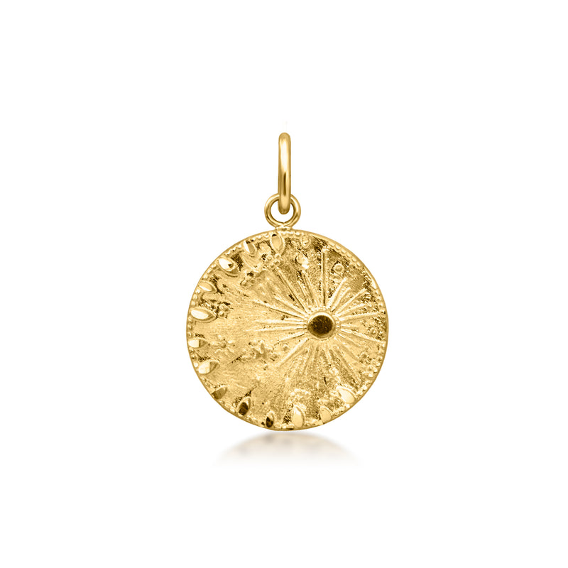 10kt yellow gold round celestial charm with sunburst texture and hanging loop
