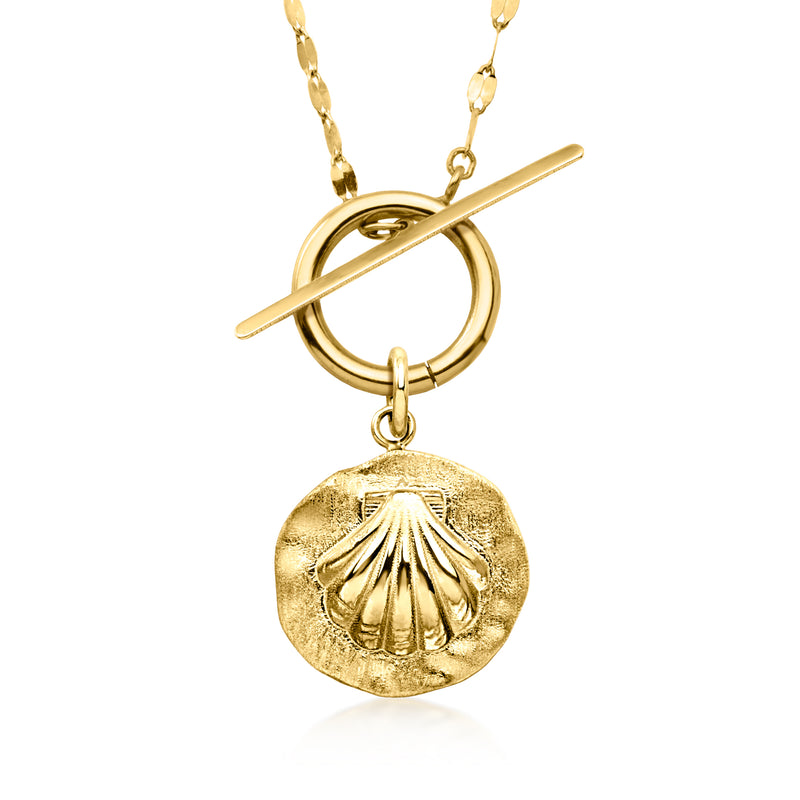 10kt yellow gold seashell disc charm pendant, shown on chain with clasp ring