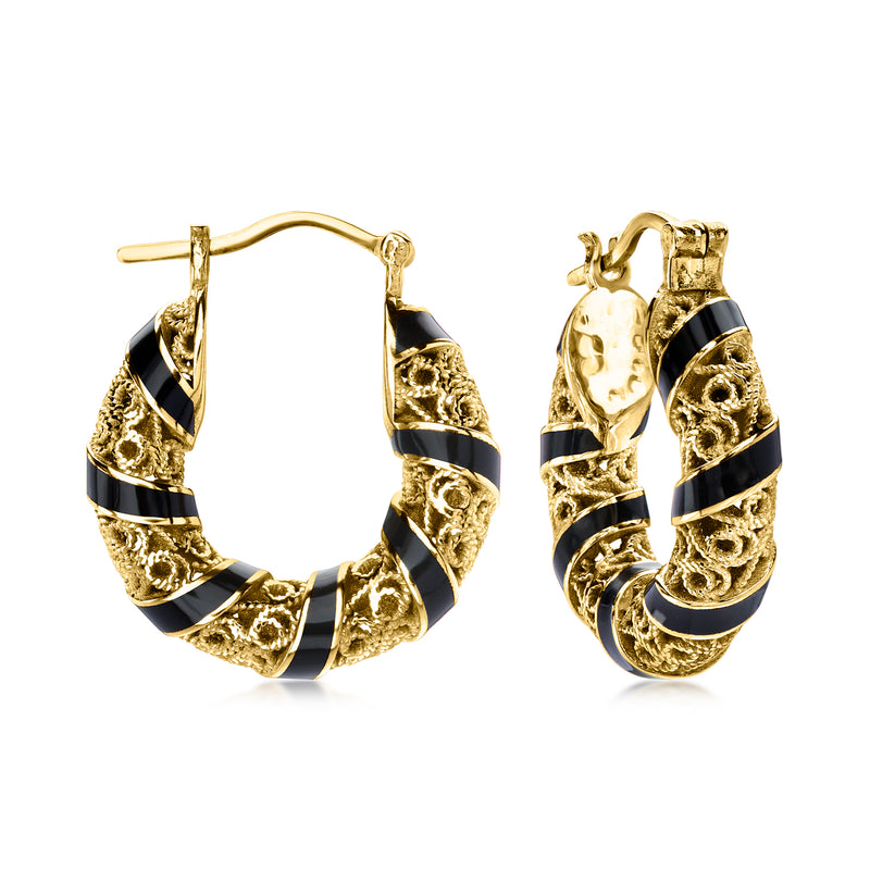 14kt Yellow Gold-Plated Filigree Hoop Earrings with Black Enamel. 1"