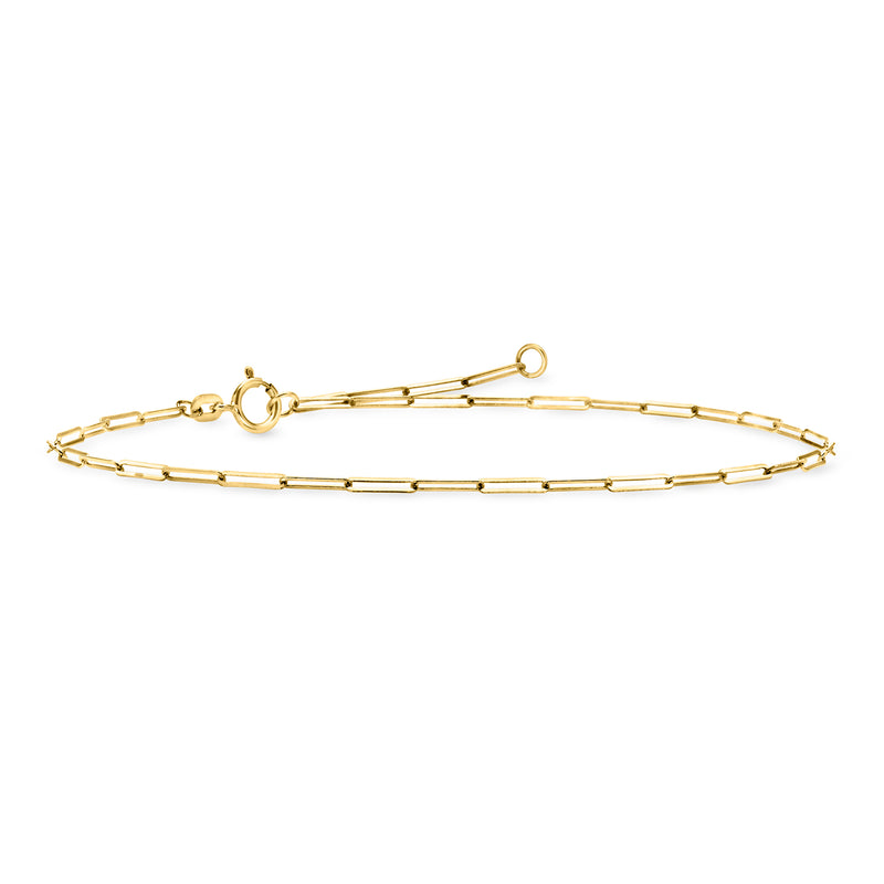 Yellow gold paper clip link anklet, single-row chain with small circular clasp