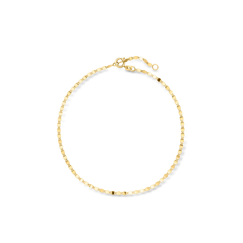 Yellow gold mirror-link anklet with small bead-like links and lobster clasp