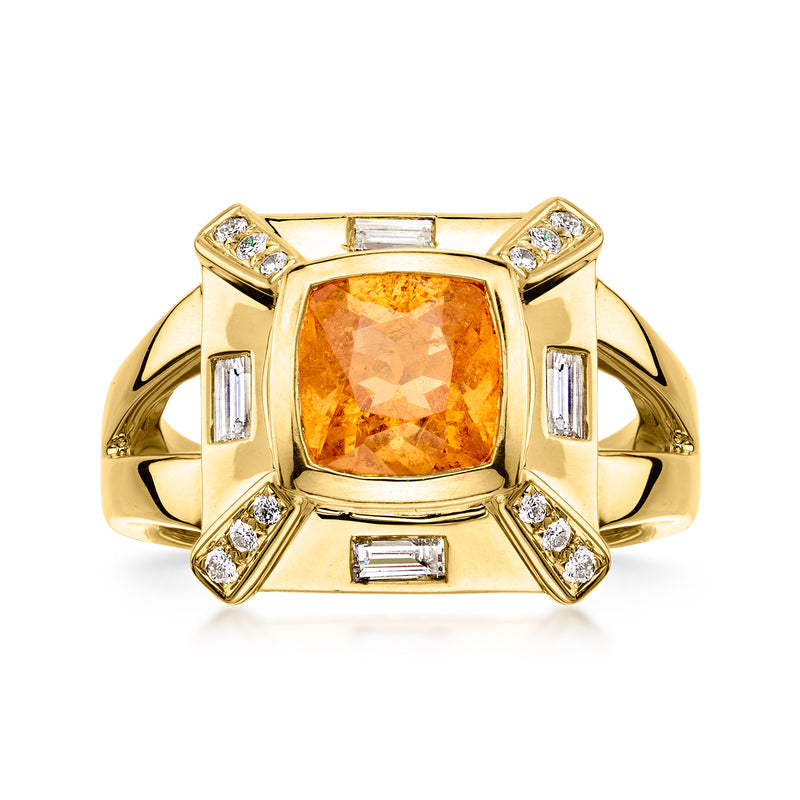 Vintage yellow gold ring with orange cushion sapphire center and diamond accents