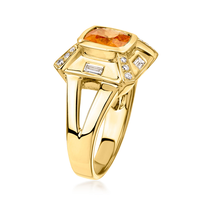 Vintage yellow gold ring with orange cushion sapphire and baguette diamond settings