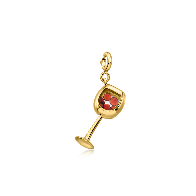Wine glass charm with bezel-set round garnet red stone in gold over sterling