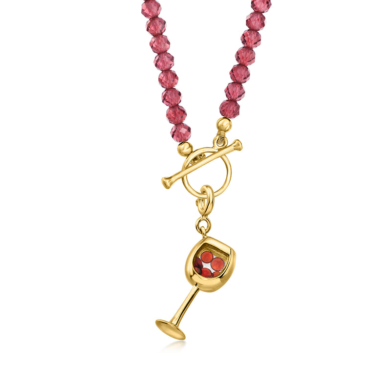 Wine-glass charm on faceted garnet beaded strand in gold over sterling