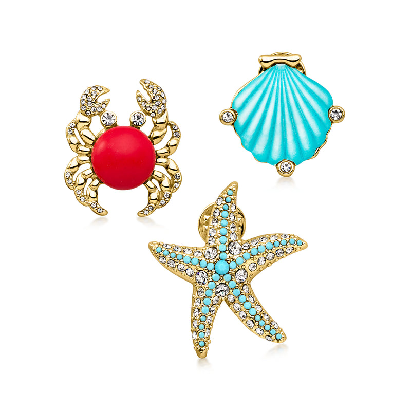 Gold-plated sea life pin set: turquoise shell, starfish, red crab
