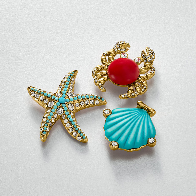 Simulated Gemstone and 14kt Yellow Gold-Plated Jewelry Set: Three Sea Life Pins
