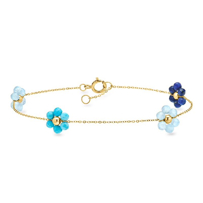14kt yellow gold bead flower station bracelet with light blue and dark blue gems