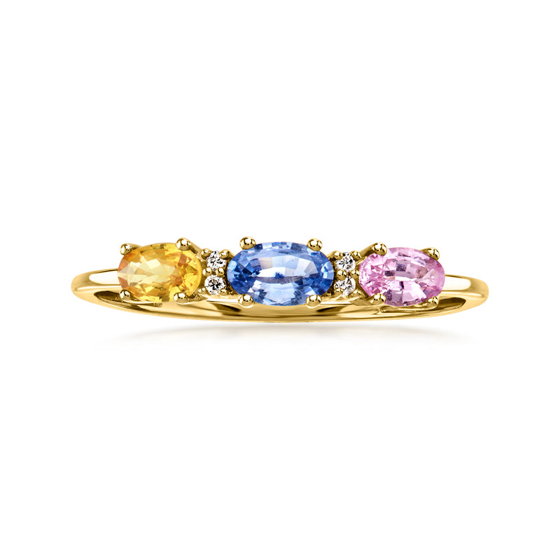 14kt yellow gold three-stone ring with blue, pink and yellow sapphires